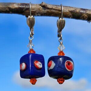 Orange and Blue Lampwork Earrings with Swarovski Accents